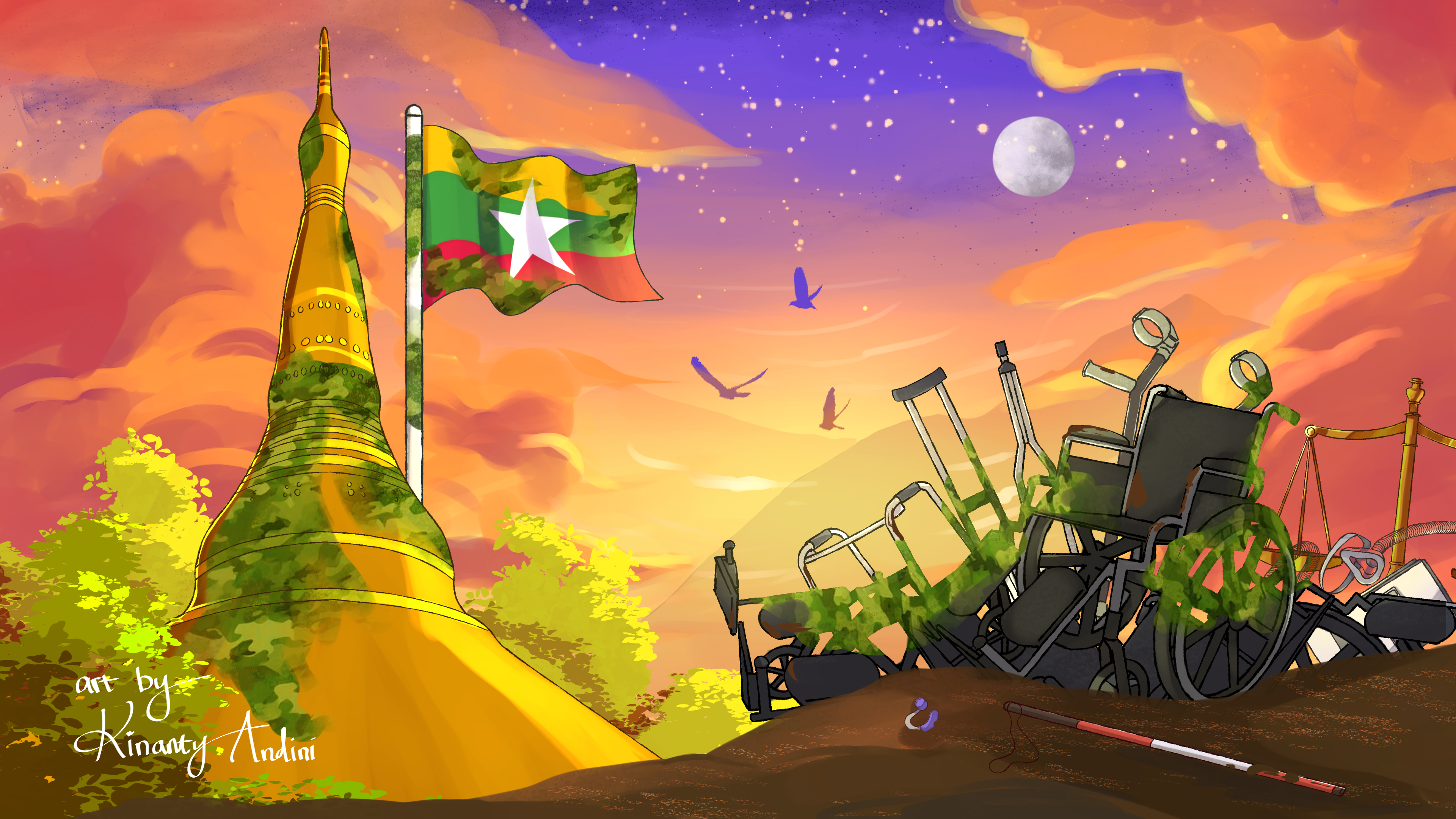 Illustration of a golden pagoda and Myanmar flag at sunset. In the foreground, wheelchairs, crutches, and walkers are piled together and covered in green vines, with a white cane lying on the ground nearby.