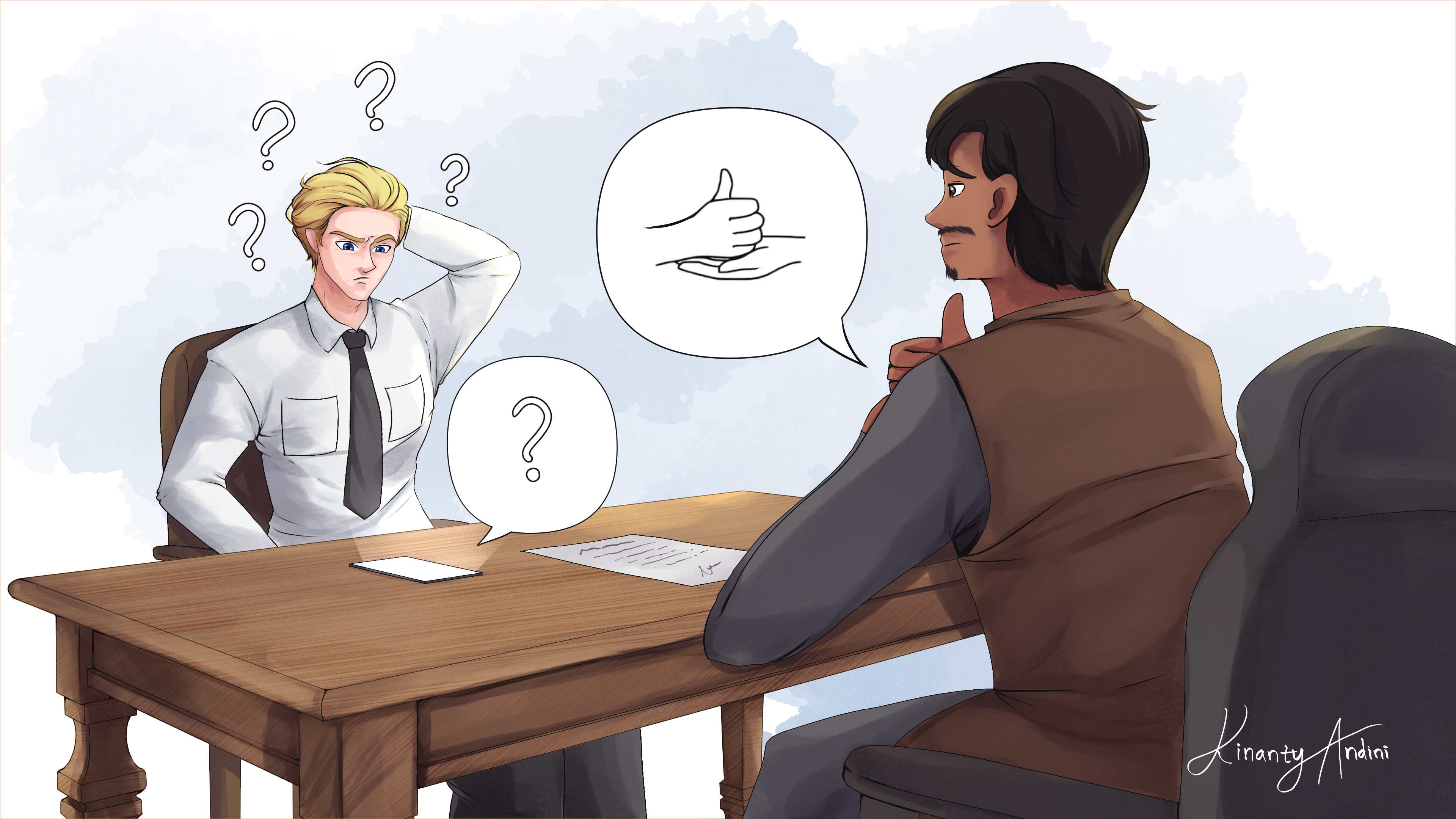 A guard scratches his head while a detainee uses sign language to try and communicate.