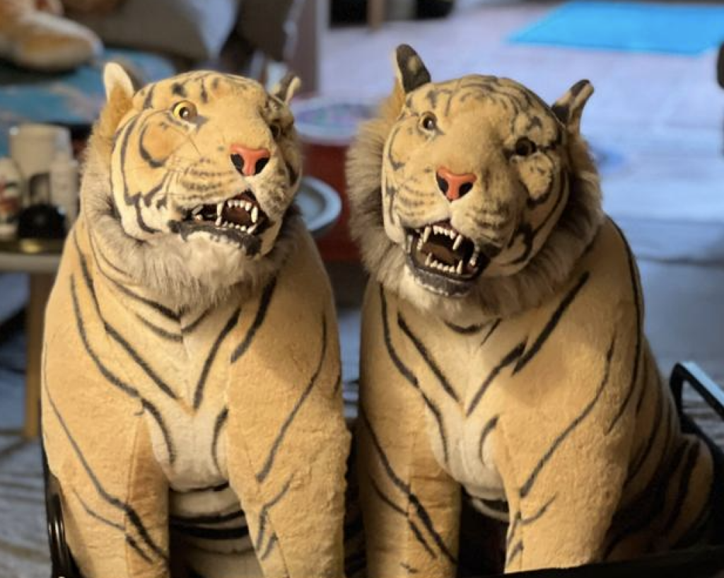 Two Malaysian tigers stuffed animals in a living room.