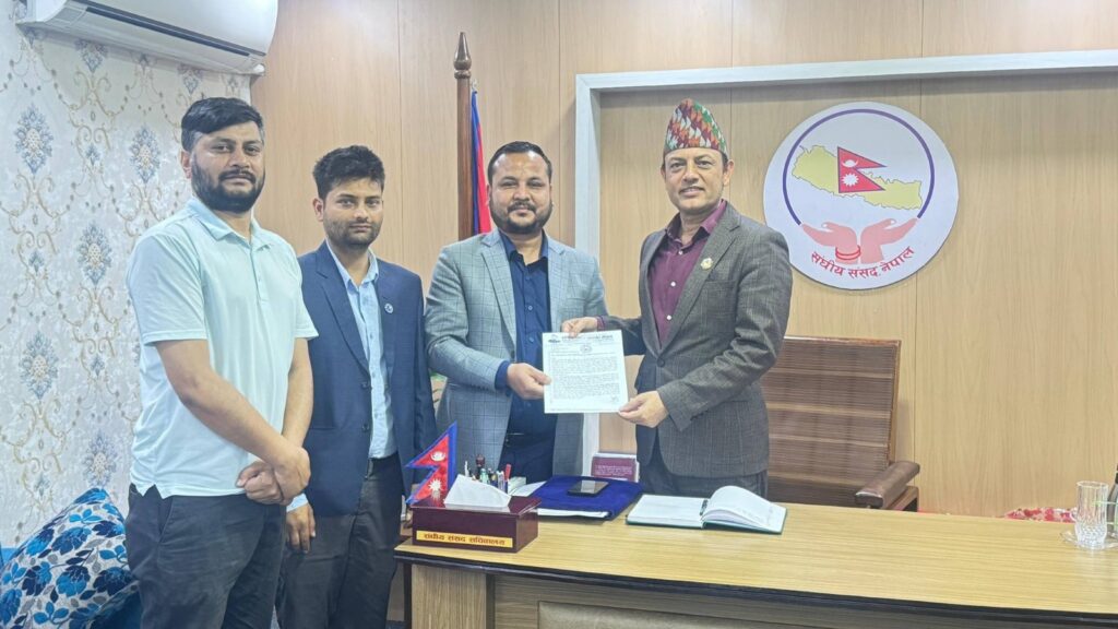 Representatives of the National Federation of the Deaf Nepal present a memorandum to Nepal House Speaker Dol Prasad (D.P.) Aryal calling for sign language interpretation in parliament.