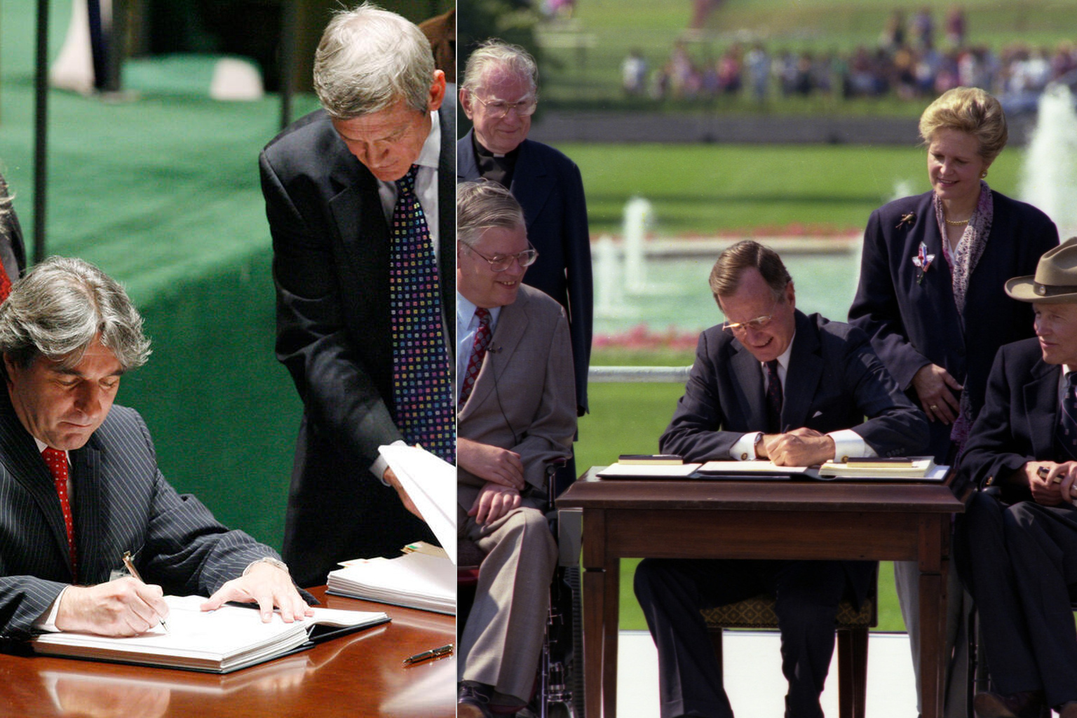 Two disability rights signing ceremonies: the UN Convention on the Rights of Persons with Disabilities at left and President George H. W. Bush signing the Americans with Disabilities Act at right.