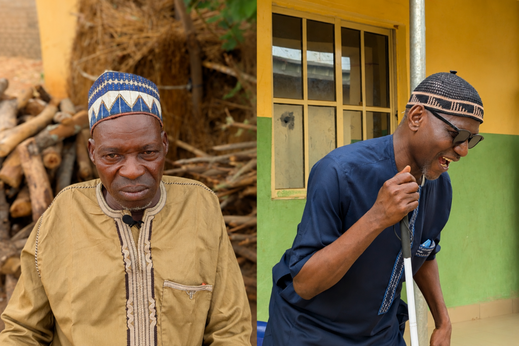 Side-by-side portraits of Mohammed Lauwali (left) and Festus Yakubu (right), photographed outdoors in their communities.