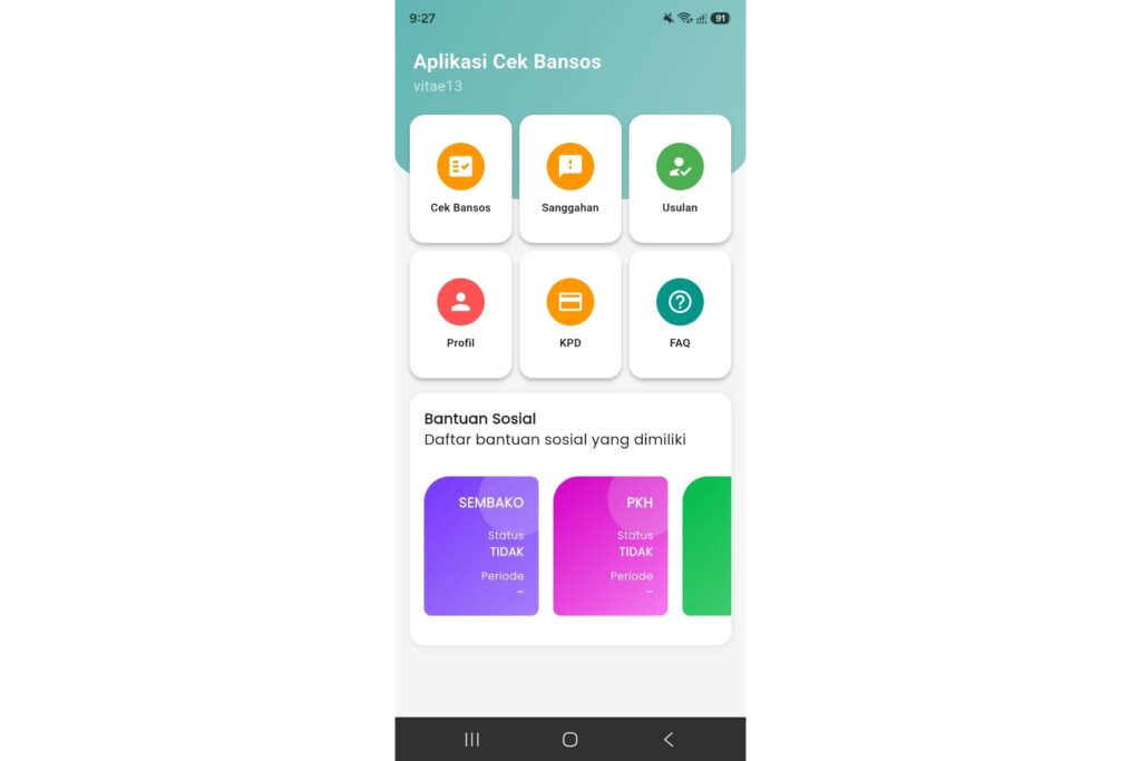 Screenshot of Indonesia’s Cek Bansos app, showing menu options including social assistance, profile, KPD and FAQ.