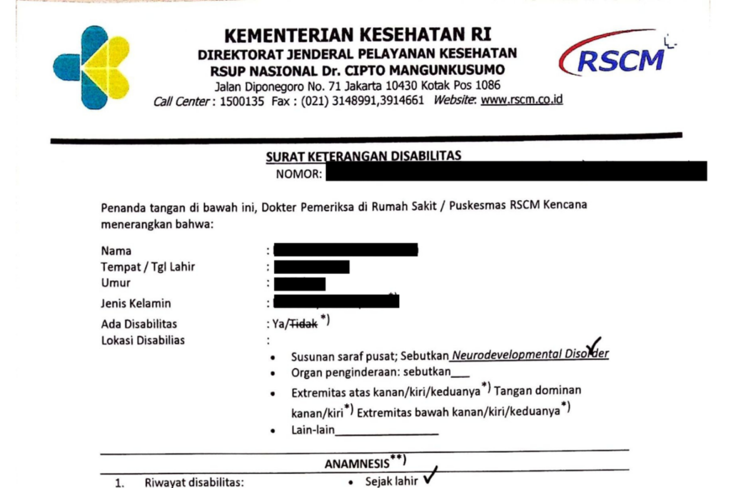 An Indonesian Disability Certificate issued by Dr. Cipto Mangunkusumo National Hospital in Jakarta, with the certificate holder’s personal information redacted.